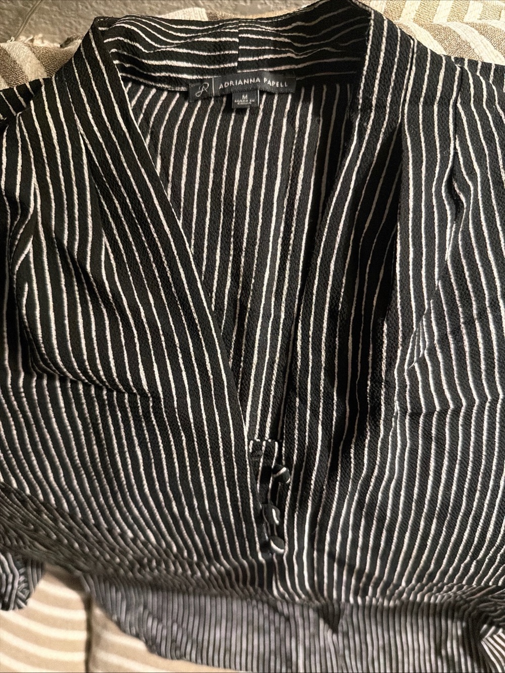 Adrianna Papell Black and White Striped V-Neck Blouse